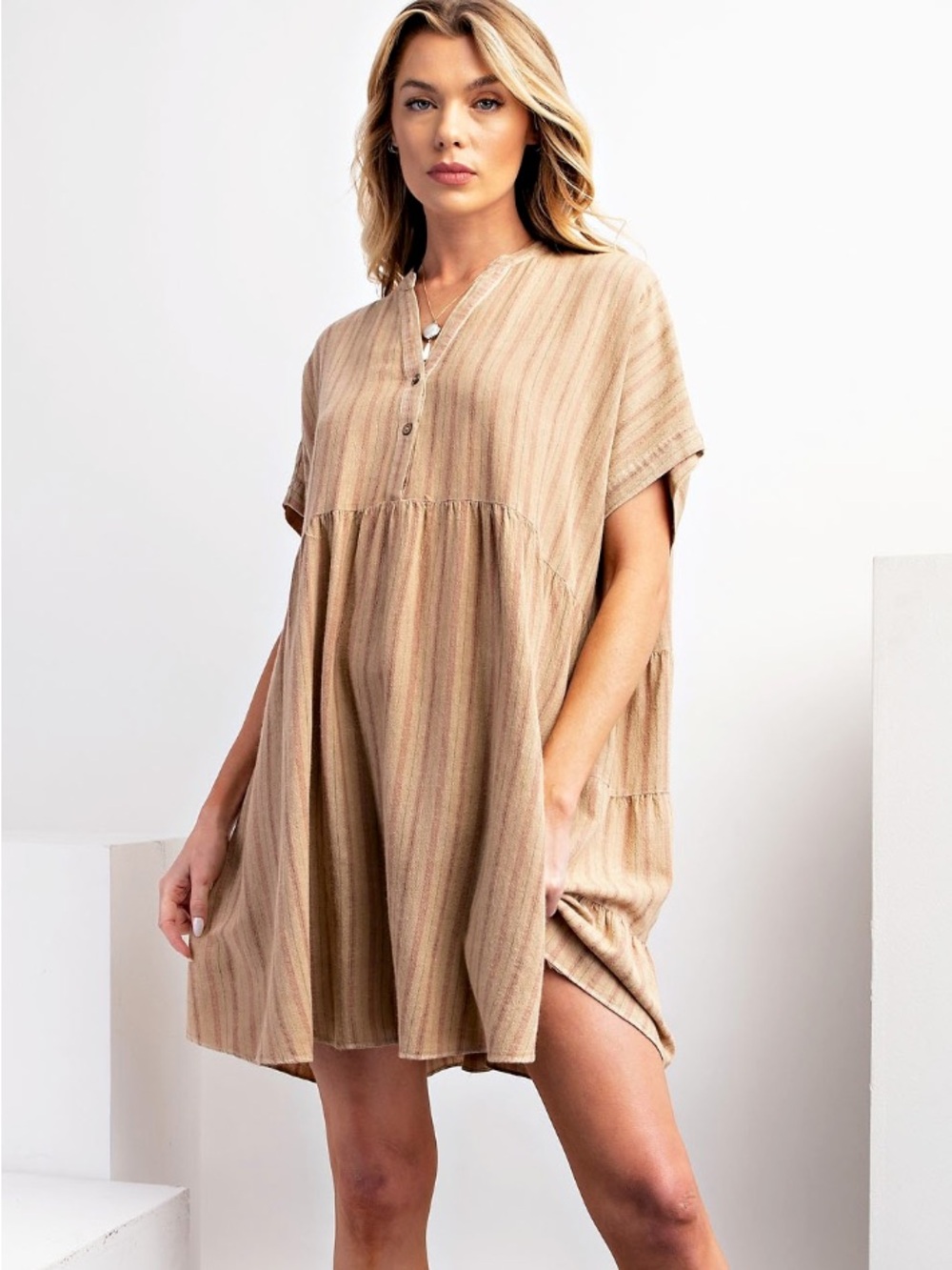 Casual Striped Tunic Dress in Taupe